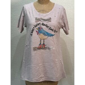 A Rare Bird Women S/M Pink Distressed T-Shirt Rhinestone A Happy Heart Bird NWT